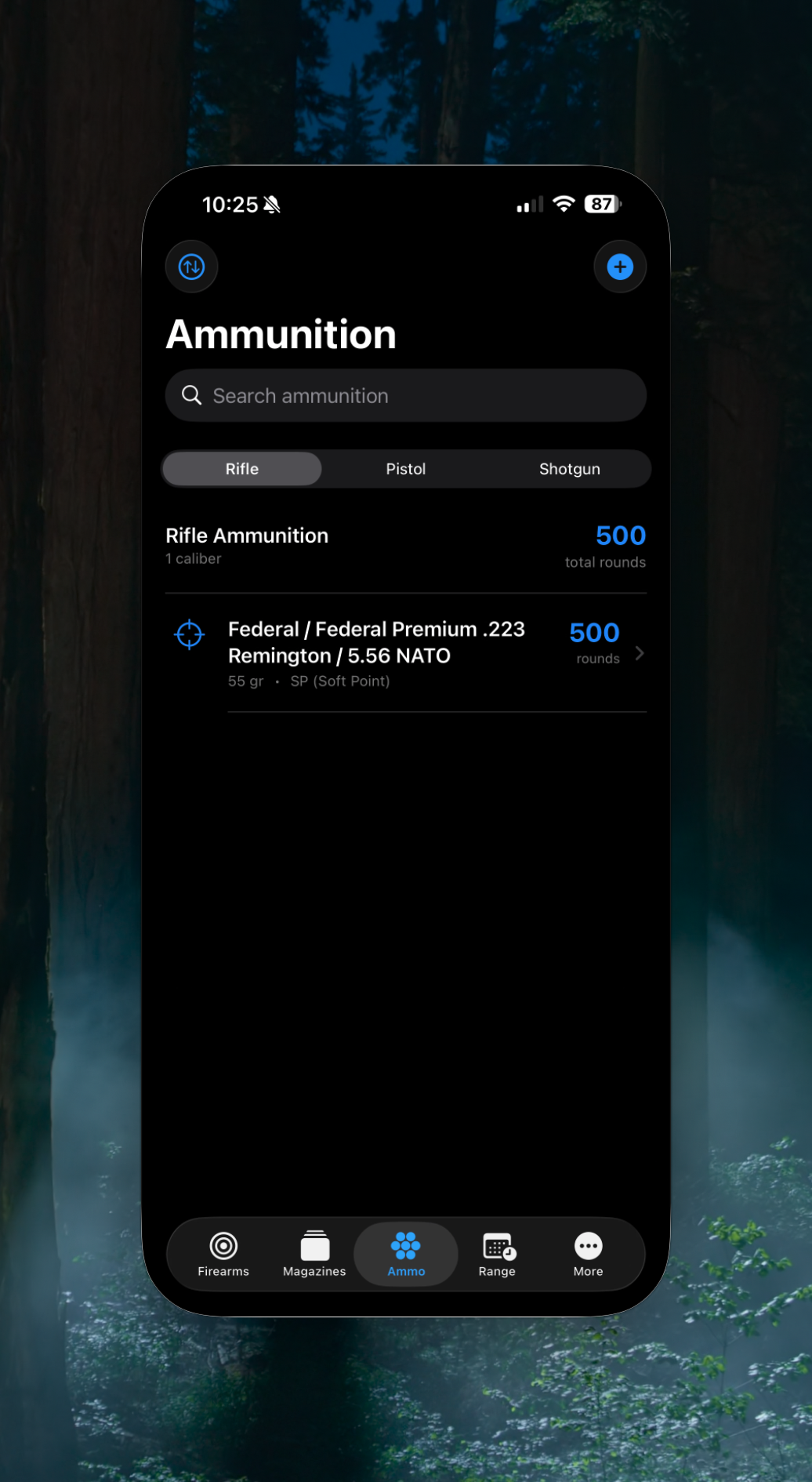 iPhone — Ammunition inventory by caliber with round counts